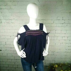 Rocks & Indigo Smocked Cold Shoulder Top In Navy Size Small